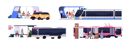 Set of urban bus stops with waiting people and arriving public transport. Passengers standing, get into taxi car, trolleybus, tramway in city. Flat isolated vector illustrations on white backgroundのイラスト素材