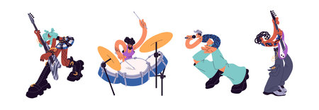 Set of rock artist with music instruments. Musicians perform, play guitar, drum on live concert. Professional singer with microphone sings song. Flat isolated vector illustrations on white backgroundのイラスト素材