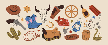 Set of Wild West items. Elements of Western American theme. Cowboy boots and hat, lasso rope, horseshoe, horse saddle, colt revolver, sheriff badge and skull. Flat isolated vector illustrationsのイラスト素材