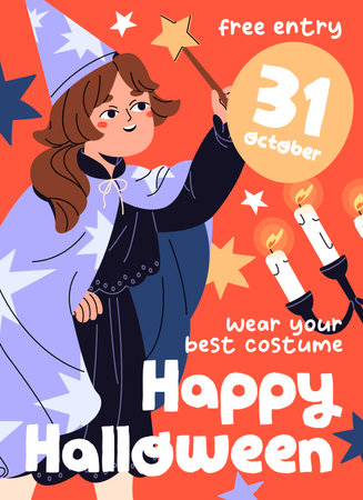 Halloween party event poster design with little girl wearing costume of wizard. Promotion template of Helloween carnival for kids. Advertising layout of child masquerade. Flat vector illustrationのイラスト素材