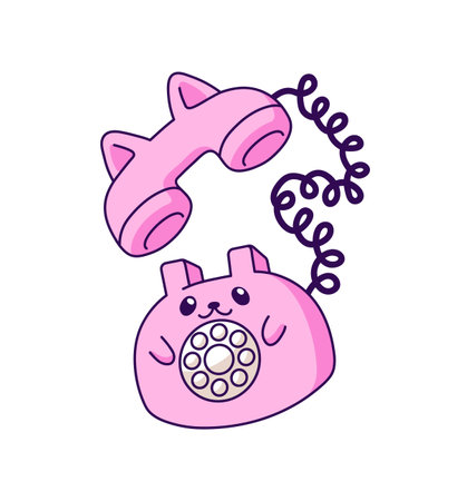 Icon of cute pink landline telephone for kids. Toy of retro phone with rotary dial, cable and shape of kitty. Vintage, old technology to call. Flat isolated vector illustration on white backgroundのイラスト素材