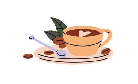 Cup of coffee with milk on saucer with teaspoon and coffe beans. Mug of drink is decorated with latte art in coffeehouse. Cream cofee, beverage. Flat isolated vector illustration on white backgroundのイラスト素材
