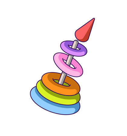 Educational toy for little kids with rainbow colors. Icon of stacked pyramid for babies. Colourful geometric tower of shapes, rings for children to play. Flat isolated vector illustration on whiteのイラスト素材