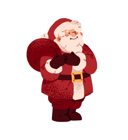 Cute Santa Claus carries bag of Christmas gift on shoulder for winter holiday. Xmas character in red costume, hat brings presents, surprises. Flat isolated vector illustration on white backgroundのイラスト素材