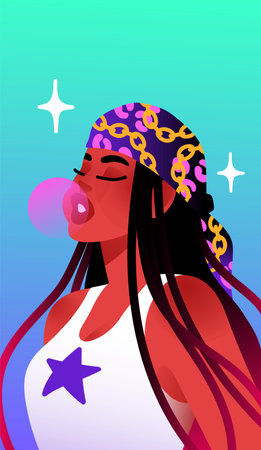 Young woman with stylish bandana is blowing pink bubble gum portrait. Happy girl in fashion outfit is chewing bubblegum. Female avatar of modern person in trendy clothes. Flat vector illustrationのイラスト素材