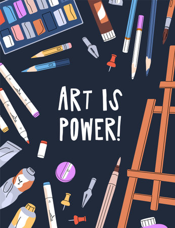 Poster design with art tools for drawing and painting. Template with stationery, school supplies for creativity. Layout with easel, pencils, felt tip pens, paints, brushes. Flat vector illustrationのイラスト素材