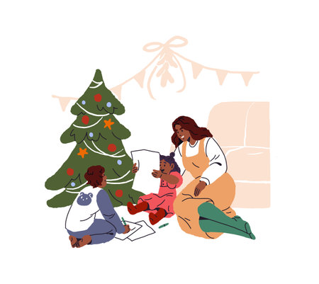Happy family is writing Xmas letters to Santa Claus. Mother and kids sit near Christmas tree, painting. Mom and children are preparing for winter holiday. Flat isolated vector illustration on whiteのイラスト素材