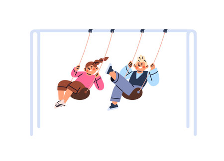 Happy children swing on playground together. Kids sit, ride on hanging board in park. Little friends play, have fun in kindergarten, school yard. Flat isolated vector illustration on white backgroundのイラスト素材