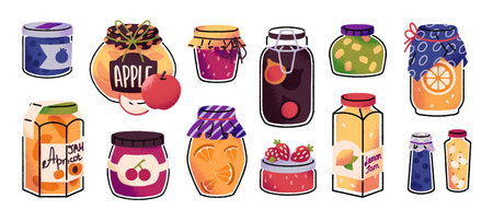 Set of jam jars. Closed glass bottles of preserved berries and fruit. Homemade marmalade of strawberry, apple, orange, apricot. Conserved food. Flat isolated vector illustrations on white backgroundのイラスト素材