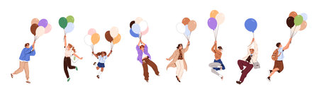 Set of happy people flying with balloons in the sky. Men, women and kids fly up with cute bunch of ballons. Characters dream, soaring in the air. Flat isolated vector illustrations on white backgroundのイラスト素材