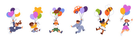 Set of happy kids with balloons. Cute children fly up with ballons in dreams. Little boys and girls are flying with inflatable shapes in the air. Flat isolated vector illustrations on white backgroundのイラスト素材