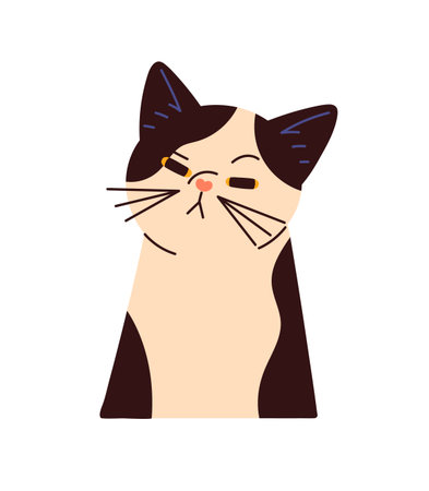 Suspicious cat looks with distrust. Avatar of funny kitten with dissatisfied face. Portrait of cute kitty with displeased emotions on muzzle. Flat isolated vector illustration on white backgroundのイラスト素材