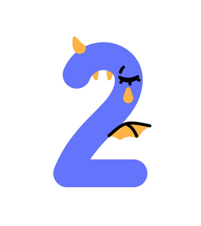 Number 2 with shape of sad dino with wings. Figure two with form of crying monster. Funny letter with cute font for kids learning, education. Flat isolated vector illustration on white backgroundのイラスト素材