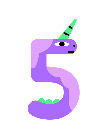 Number five with shape of dragon or dino. Figure 5 with form of cute monster character. Numeral candle for kids birthday. Letter of funny font. Flat isolated vector illustration on white backgroundのイラスト素材