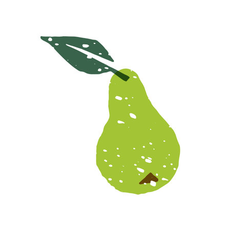 Doodle icon of green pear with leaf. Ripe organic fruit. Healthy farm food. Fresh garden crop for natural eating. Orchard harvest. Flat isolated hand drawn vector illustration on white backgroundのイラスト素材