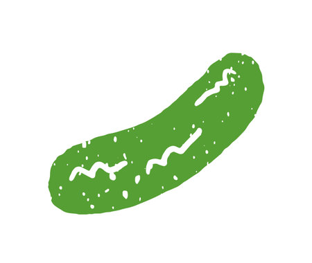 Icon of fresh cucumber. Doodle green vegetable, natural veggie. Healthy farm food, organic eating, agriculture crop, farming harvest. Flat isolated hand drawn vector illustration on white backgroundのイラスト素材