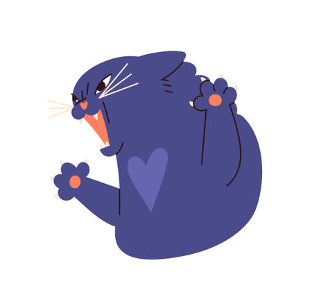 Portrait of angry cat attacking with claws. Avatar of furious kitty with mad face. Grumpy kitten with emotion of anger. Crazy pet is hissing with rage. Flat isolated vector illustration on whiteのイラスト素材