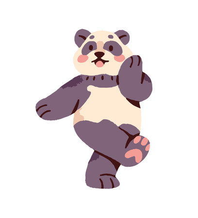 Cute panda dances. Funny anthropomorphic animal moves with music, has fun at the party. Happy Asian bear celebrates success, rejoices at winning. Flat isolated vector illustration on white backgroundのイラスト素材