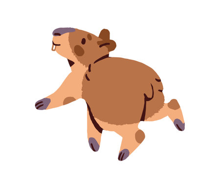 Funny baby capybara dances at the party. Cute anthropomorphic animal moves with music. Happy capibara character has fun. Adorable rodent walks. Flat isolated vector illustration on white backgroundのイラスト素材