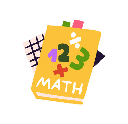 Icon of Maths book. Paper textbook for reading and learning mathematics. Notebook with figures to study school subject. Elementary education. Flat isolated vector illustration on white backgroundのイラスト素材