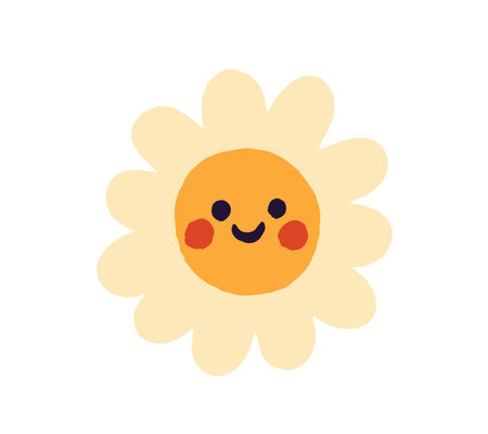 Icon of happy daisy flower. Cute chamomile with smile face. Funny wildflower with positive emotions. Blooming plant with joyful expression. Flat isolated vector illustration on white backgroundのイラスト素材