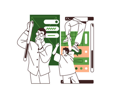 Concept of mobile app development. Frontend team creates screens, redesigns user interface. Designers update UX UI design of wireframes. Flat isolated outline vector illustration on white backgroundのイラスト素材