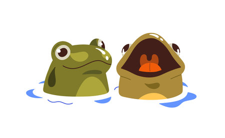 Cute couple of little frogs croak in swamp. Happy green toads relax in water, sing songs. Adorable amphibian animals sit in pond, wetland. Flat isolated vector illustration on white backgroundのイラスト素材