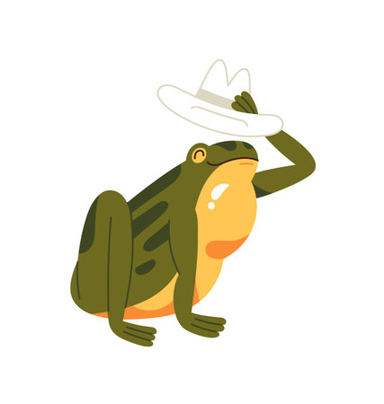 Happy frog is greeting, takes off its hat. Cute little toad welcomes, sits, says hello with gesture. Funny green amphibian is like gentleman. Flat isolated vector illustration on white backgroundのイラスト素材