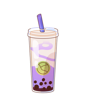 Bubble tea with taro. Glass of iced soft drink with tapioca with coffee flavour. Cup of refreshing beverage with straw. Asian milkshake with milk and bobas. Flat isolated vector illustration on whiteのイラスト素材