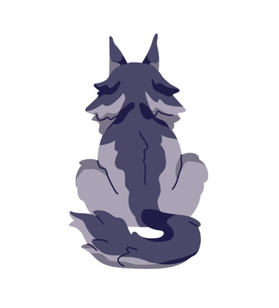 Turned away cat of Maine coon breed sits. Back view of relaxing big kitty with wagging tail. Behind of cute gray kitten. Pet, domestic animal backside. Flat isolated vector illustration on whiteのイラスト素材