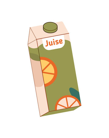 Cardboard pack of orange juice. Closed paper bottle of beverage from citrus fruit. Packaging of organic soft drink. Box of refreshing product. Flat isolated vector illustration on white backgroundのイラスト素材