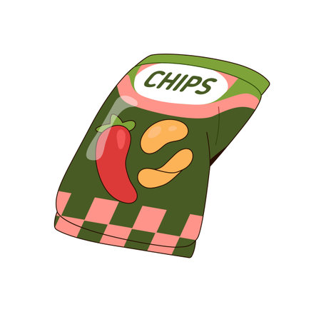 Icon of closed pack of crispy potato chips with hot chilli pepper. Packaging of crunchy snack with chili. Spicy fast food. Tasty grocery product. Flat isolated vector illustration on white backgroundのイラスト素材