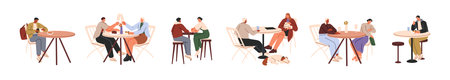 People are alone or together at the table set. Men and women sit on chairs, eating food, drinking alcohol, cheers. Characters meet and talk in restaurant. Flat isolated vector illustrations on whiteのイラスト素材