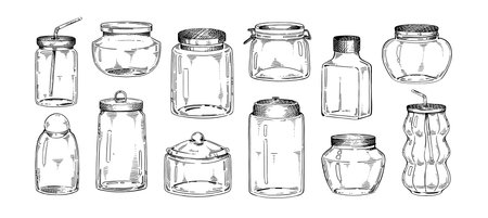 Set different glass jars sketches. Drawing empty bottles, containers for storage drinks, food, products. Masons for storing liquids, jam. Hand drawn isolated vector illustrations on white backgroundのイラスト素材