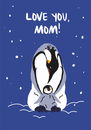 Design of Mothers Day greeting card. Postcard template with cute family of mom and baby penguin. Festive layout with loving mum and kid. Congratulations for mamas holiday. Flat vector illustrationのイラスト素材