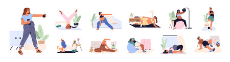 Pregnant girls are training set. Expectant mothers do sport, stretch and do gymnastic exercises at workout. Pilates for women at pregnancy. Flat isolated vector illustrations on white backgroundのイラスト素材