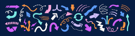 Set of different arrows. Pointer signs, cursor, divergence, symbols of swap, up, down, left, right,...
