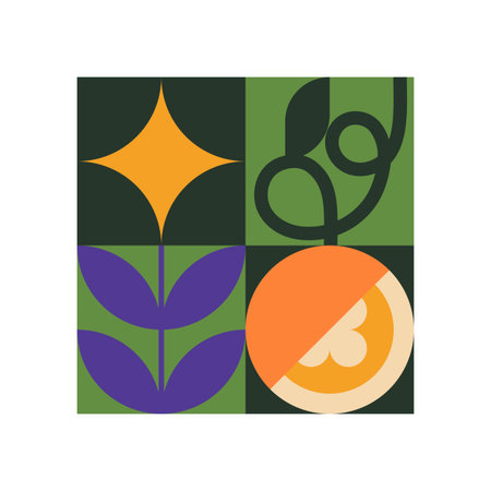 Contemporary collage with stylized pattern of nature. Modern wall art in cubism style with plants. Abstract geometric leaves, flowers, fruits on green squared shapes. Flat vector illustrationのイラスト素材