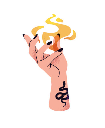Human hand with burning fire. Woman with tattoo holds magic flame on fingers. Witch spells. Concept of witchcraft, inner energy and power. Flat isolated vector illustration on white backgroundのイラスト素材