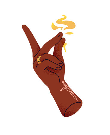 Black female hand with burning magic fire. Woman snaps with finger with spark of mystic flame. Witch spells, does sorcery. Witchcraft concept. Flat isolated vector illustration on white background.のイラスト素材
