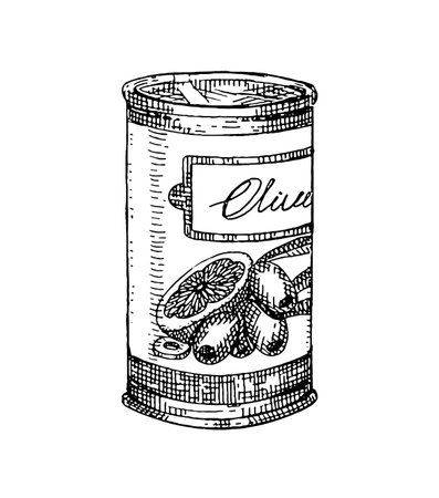 Engraved vintage sketch of canned Greece olives. Drawing tin packaging of food. Closed metal bottle of preserve. Container of conserve. Hand drawn isolated vector illustration on white backgroundのイラスト素材