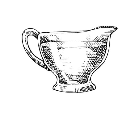 Engraved icon of full gravy boat. Vintage sketch of glass jar of sauce. Drawing container of organic mayonnaise, pot of seasoning for food. Hand drawn isolated vector illustration on white backgroundのイラスト素材