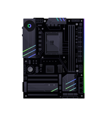 Motherboard, mainboard, chipset card. Mother board with ATX form factor. Hardware of modern computer. Equipment of desktop PC, system unit. Flat isolated vector illustration on white backgroundのイラスト素材