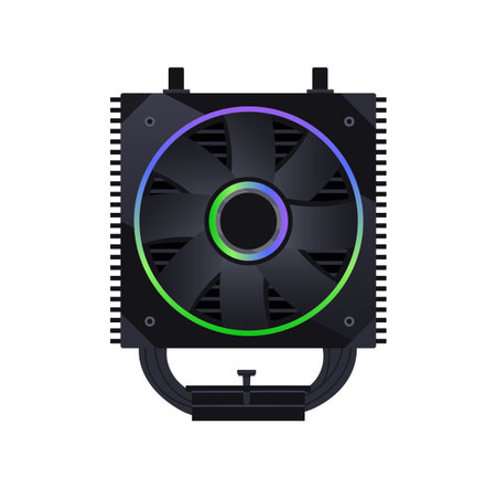 Computer cooler for case, graphics card or CPU. PC fan for ventilation hardware items, drives. Cooling technology of system or tower unit. Flat isolated vector illustration on white backgroundのイラスト素材