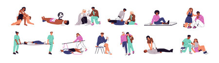 Set of first aid for victims of accidents. CPR, artificial respiration, applying of bandage, medical help in emergency. Firstaid at injury, heart attack. Flat isolated vector illustrations on whiteのイラスト素材