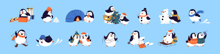 Cute baby penguins at Christmas set. Happy North birds make snowman, skiing, ice skating, ride on sleds, play snow and have fun on winter holidays. Xmas time. Flat isolated vector illustrationsのイラスト素材