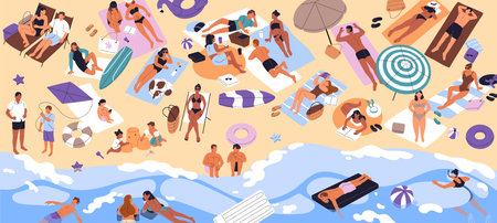 Crowd of people is sunbathing on beach and swimming in ocean. Tourists with kids relax, lying on...