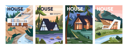 Set of poster designs with houses. Residential buildings are on meadow, forest, river, mountain landscapes. Modern architecture. Facades of chalets, cottages, barnhouses. Flat vector illustrations