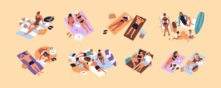 People sunbathing on beach top view set. Couples, families, groups of friends are lying, have a rest on ocean coast. Tourists relax at sea resort on summer vacations. Flat isolated vector illustrationのイラスト素材