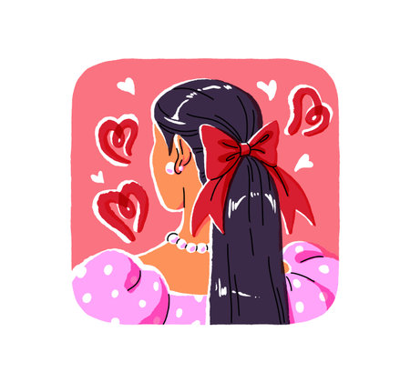 Portrait of brunette woman with ponytail back view. Behind of girl with black hair tied up with red bow. Female head with hairstyle, haircut. Flat isolated vector illustration on white backgroundのイラスト素材